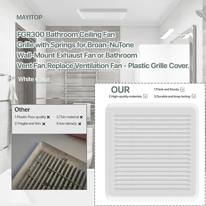 FGR300 Bathroom Vent Grille Cover with Springs Compatible with Bro-an Nu-Tone Invent Series Bathroom Exhaust Fans,Cover Dimensions of 11-3/8” x 12” for Exhaust Fans with Housing Size of 9-1/4" x 10" - Image 3
