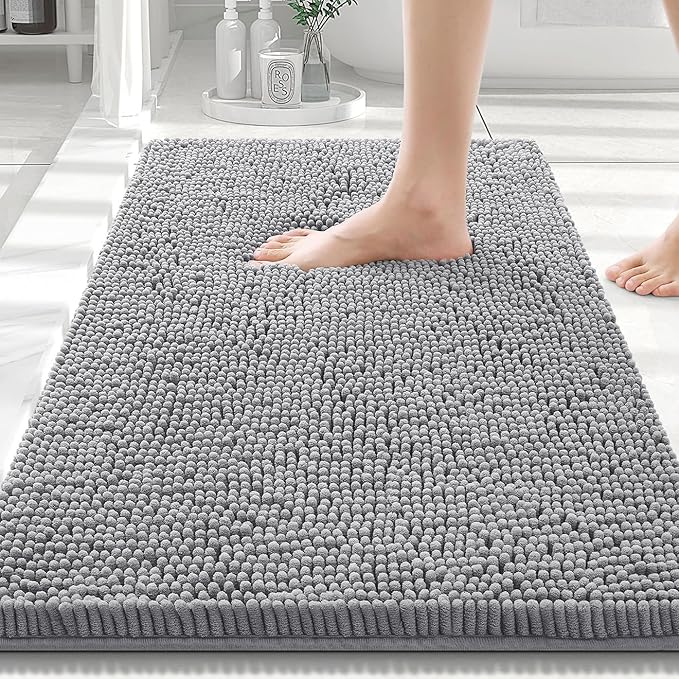 Smiry Luxury Chenille Bathroom Rugs 30x20, Extra Soft and Absorbent Shaggy Bath Mat, Machine Washable, Non-Slip Plush Carpet Runner for Tub, Shower, and Floor, Home Decor Accessories, Grey by Smiry