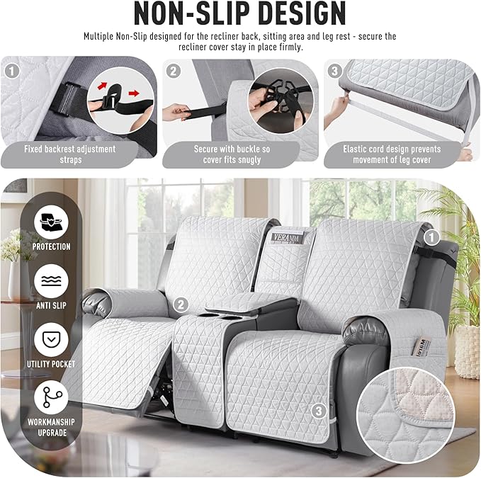 TAOCOCO 100% Waterproof Loveseat Recliner Couch Sofa Covers with Console,Double Reclining Couch Cover Non-Slip Sofa Slipcovers Washable,Furniture Protector Covers for Kids,Pets(2 Seater,Off White) - Image 5