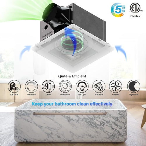 100CFM Bathroom Exhaust Fan With Night light: 26W Ceiling Fan With LED Light for Bathroom and Home, 5CCT Seletable & 2200K Amber Warm, Dimmable & Wet Rated, ETL Certified - Image 2