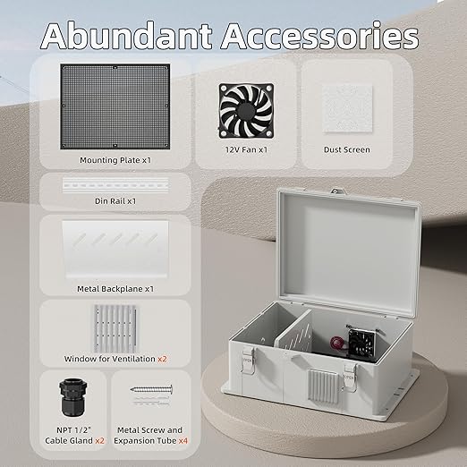 Joinfworld Vented Outdoor Electrical Box Waterproof Nema Enclosure 16x11x6 Plastic WiFi Box with Stainless Steel Buckle Fan Vented Dust Screen - Image 5
