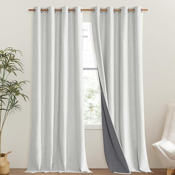 NICETOWN 100% Absolutely Blackout Linen Curtains with Thermal Insulated Liner, Greyish White, 52" Wide, 95" Length Energy Saving Curtains for Living Room 2 Panels Set, Vertical Blinds - Image 2