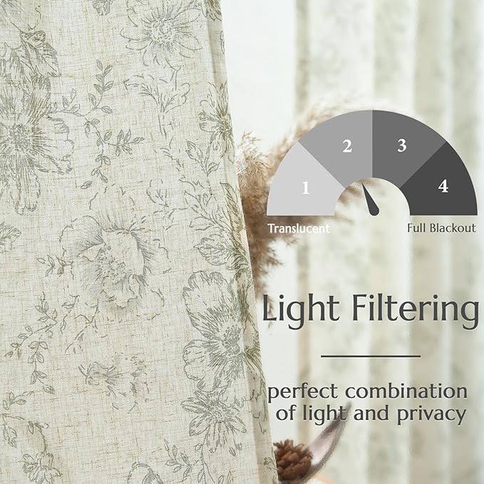jinchan Linen Blend Floral Curtains for Living Room 96 Inches Extra Long Farmhouse Printed Curtain Back Tab Green Peony Flower Patterned Drapes Bedroom Window Curtains Set 2 Panels - Image 4