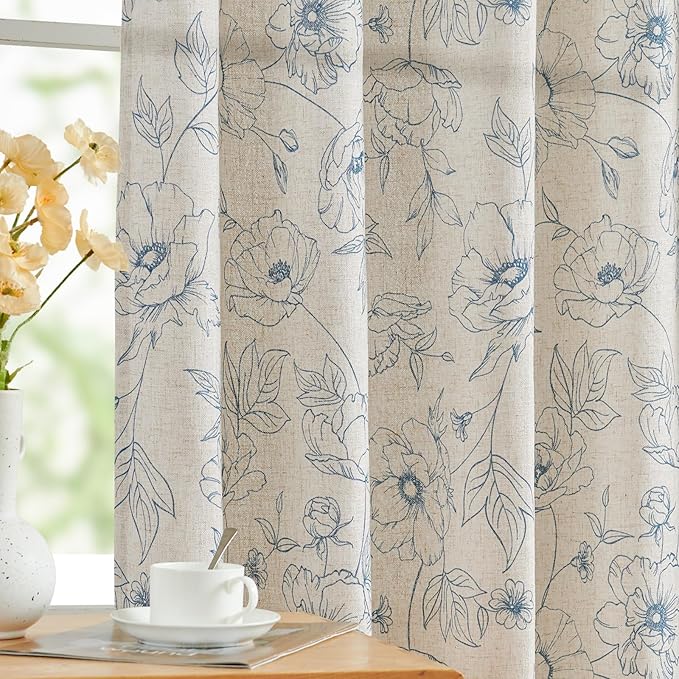 jinchan Floral Linen Curtains for Living Room 96 Inch Length Blue Flower Curtain Rod Pocket Back Tab Farmhouse Curtains with Printed Floral Bedroom Window Curtain Set, 2 Panels Blue by JINCHAN
