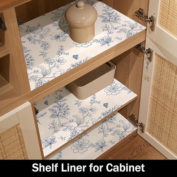 White and Blue Non-Slip Shelf Liner,16IN x 10FT Non-Adhesive and Strong Non-Slip Floral Shelf Cabinet Drawer Liners for Kitchen, Waterproof Cupboard Liners,Easy to Clean - Image 6