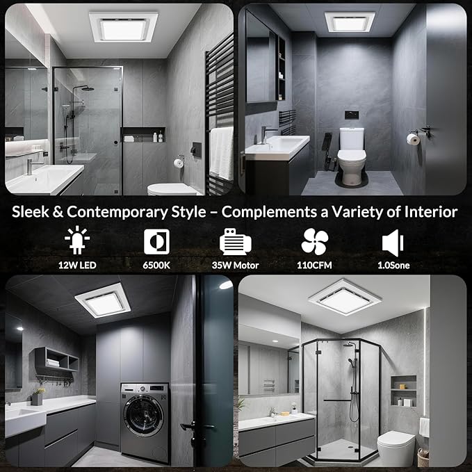 TEPU Bathroom Exhaust Fan with Light 110 CFM, 9.8In Grille, Cutout Size 8.27" x 8.27", Duct 4 Inch, 1.0 Sone Quiet Bath Ceiling Vent Fan Combo with 6500K 1200LM LED Light, for Bathroom, Laundry - Image 6
