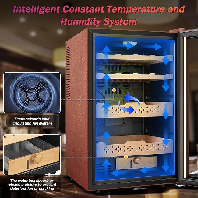 Electric Humidor with Leather-70L Cooling & Heating Humidor, Smart Touch Control Humidity & Temp, Humidors wtih Spanish Cedar Wood Tray and Drawer, Digital Display, Safety Lock, Desktop Gift for Men - Image 4