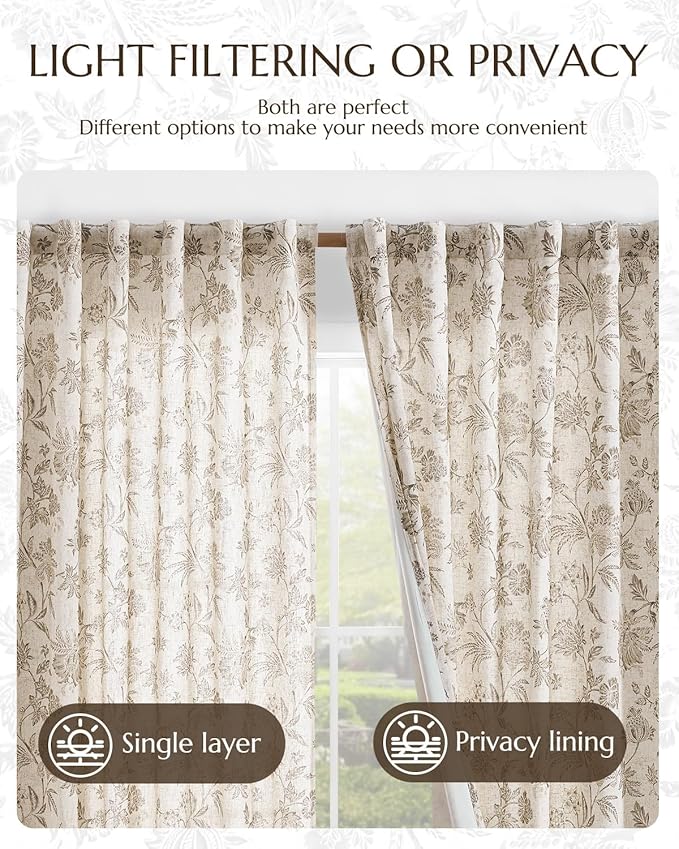 jinchan Lined Linen Floral Curtains for Living Room, 63 Inch Length Printed Flower Farmhouse Patterned French Country Back Tab Taupe Window Drapes Set Privacy Bedroom Curtains, 2 Panels - Image 6