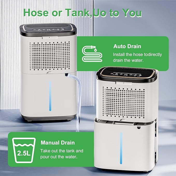 55 Pint Portable Dehumidifier with Drain Hose for Basements, 5,200 Sq. Ft. Dehumidifiers Auto Drain or Manual Drainage, Quiet Dehumidifier for Home with 6L Water Tank - Image 7