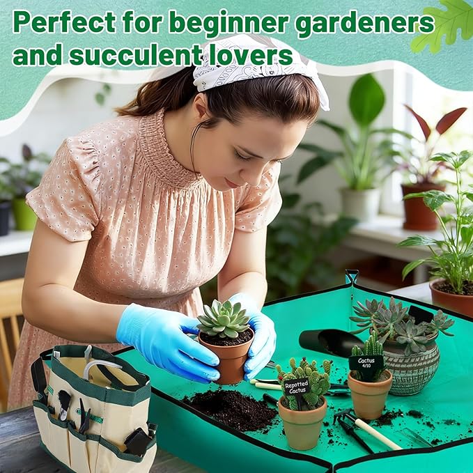 44pcs Small Gardening Tools Gifts for Women Beginners - Garden Hand Tools Set for Indoor Succulent Bonsai Plants Transplanting, Included Bag/Repotting Mat/Shovel/Labels, Green - Image 4
