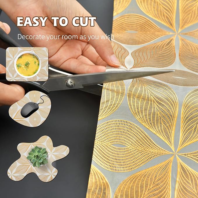 Drawer and Shelf Liner for Kitchen Cabinet,Non-Adhesive Waterproof Drawer Liner for Dresser & Bathroom Vanities with Adhesive Dots & Cutting Tool(18 in X 30 Ft Gold Leaf Pattern) - Image 7