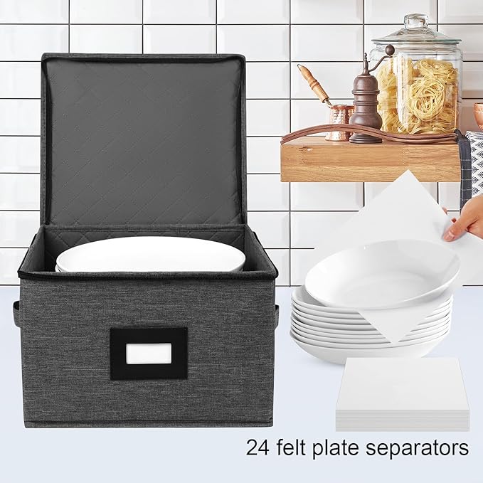 Mayniu China Storage Containers Hard Shell, 13" Charger Plates Storage Containers for Dishes, Stackable Dinnerware Storage with 24 Felt Dividers (2 Pack Black) - Image 6