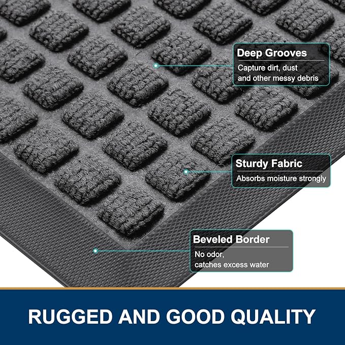 Smiry Front Door Mat Outside Entrance, Heavy Duty Natural Rubber Doormat, Non Slip, Trap Dirt and Moisture, Easy Clean, Low Profile Welcome Floor Mats for Indoor Outdoor Entry, 59x34 Inch, Grey - Image 3