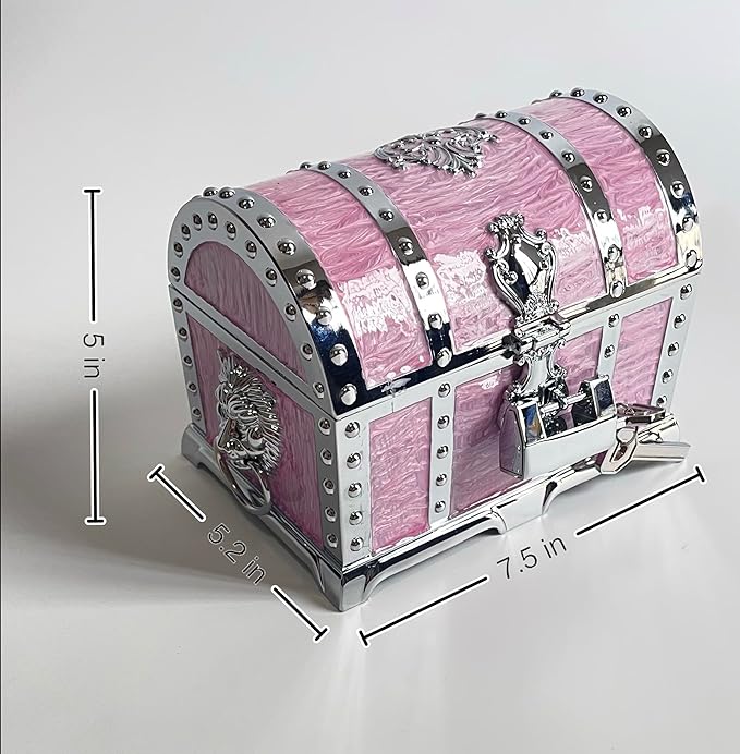 Large Double-layer Retro Metal Jewelry Chest, Pirate-style Lion Head Relief Treasure Box With Lock Women's Jewelry Storage (Oil Painting Pink Chrome) - Image 3