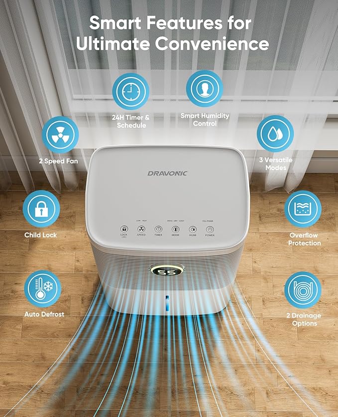 34 Pints Dehumidifier for Basement and Home, Quiet 3-Mode Operation with Continuous Drain Hose, 0.5 Gal Tank, Auto Defrost and 24H Timer for Bedrooms and Bathrooms (White, 34 Pints) - Image 6