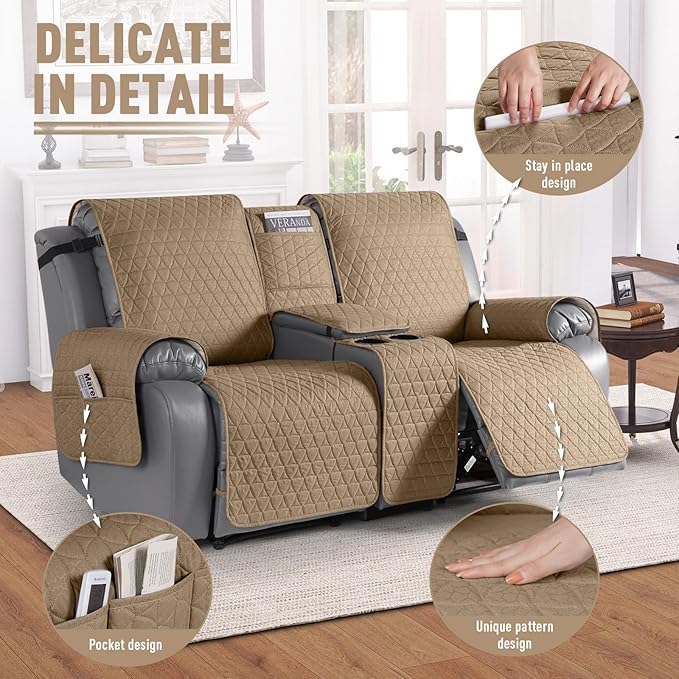 TAOCOCO 100% Waterproof Loveseat Recliner Couch Sofa Covers with Console,Double Reclining Couch Cover Non-Slip Sofa Slipcovers Washable,Furniture Protector Covers for Kids,Pets(2 Seater,Camel) - Image 6