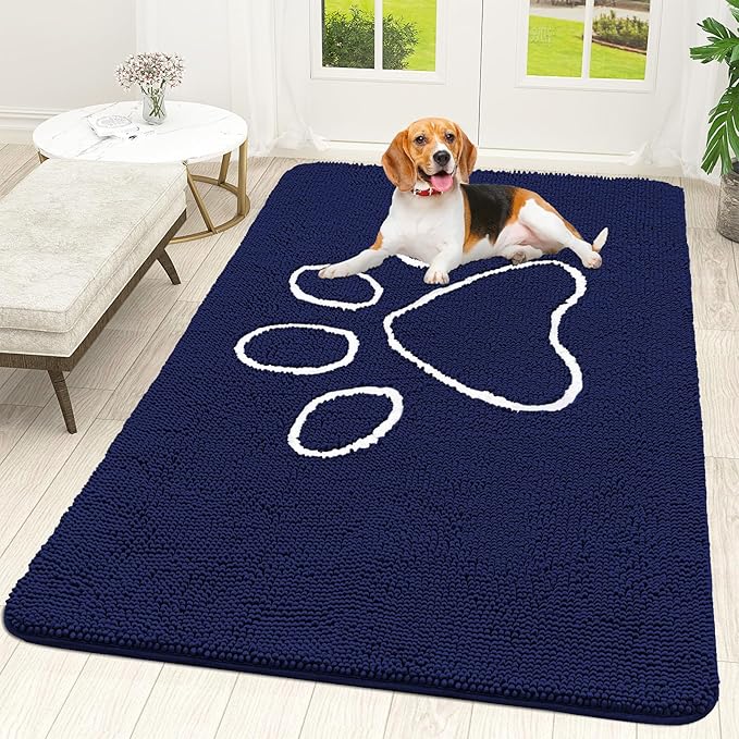 OLANLY Dog Door Mat for Muddy Paws 59x35, Paw Print Design, Absorbs Moisture and Dirt, Absorbent Non-Slip Washable Doormat, Quick Dry Chenille Mud Mat for Dogs, Entry Indoor Entryway Carpet, Navy Blue by OLANLY