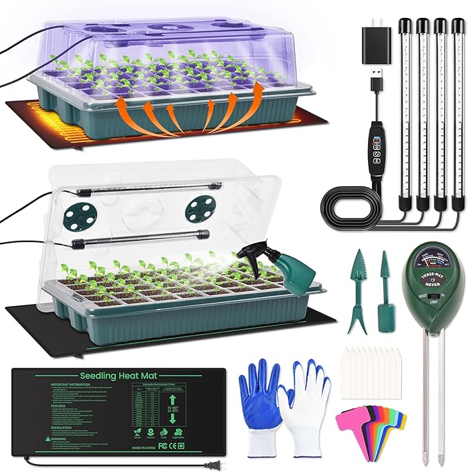 2 Pack 80 Cells Seed Starter Tray with Grow Light & Heat Mat, Plant Seed Starter Kit with Humidity Domes, Automatic Timer, and Adjustable Brightness for Indoor Greenhouse Gardening by Unknown