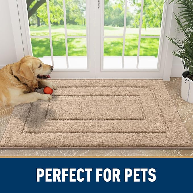 Smiry Dog Door Mat for Muddy Paws, Absorbs Moisture and Dirt, Low-Profile Entryway Mat with Non-Slip Backing, Entry Indoor Outdoor Doormat for Inside Floor (24x16 Inches, Beige, Bordered) - Image 7