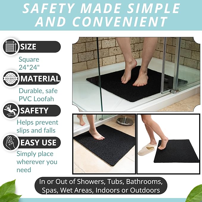 Enkosi Loofah Shower Mat Non-Slip - Anti-Slip Bath Mat for Inside Showers, Tub, Bathtub, Bathroom - Quick Dry PVC with Drain Holes - Cushioned Safety Grip - Secure for Kids and Elderly (Black 24x24) - Image 3