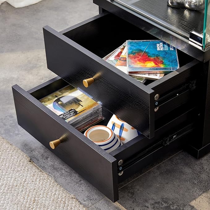 Yoluckea 3 Shelves Glass Display Cabinet with 2 Soft-Close Storage Drawers, Curio Collection Glass Display Case with Door & Lock, Floor Standing Bookshelf Corner Cabinet for Book Toys Glory (Black) - Image 8