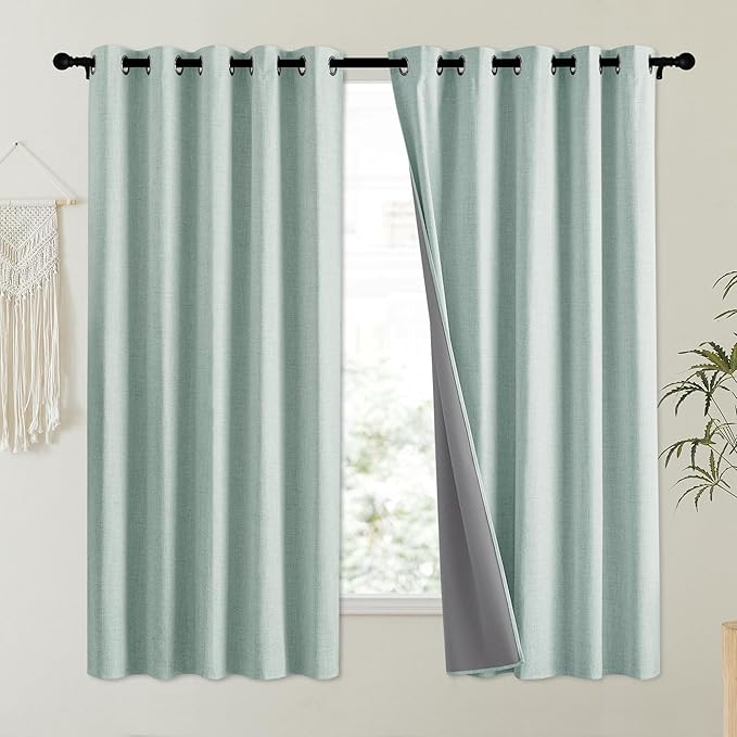 NICETOWN 100% Absolutely Blackout Linen Curtains with Thermal Insulated Liner, Seafoam Green, 62" Wide, 63" Length Energy Saving Curtains for Kitchen 2 Panels Set, Vertical Blinds - Image 2