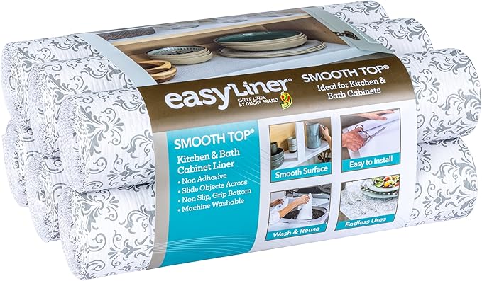 Smooth Top EasyLiner for Cabinets & Drawers - Easy to Install & Cut to Fit - Shelf Paper & Drawer Liner Non Adhesive - Non Slip Shelf Liner - 20in. x 6ft. - 6 Roll Project Pack - Gray Damask by DuckBrand