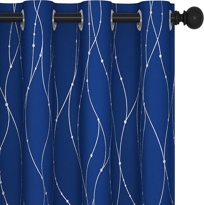 Deconovo Blackout Curtains, 52 x 63 Inch Drapes for Living Room with Wave Dots Silver Print, Soundproof Thermal Insulated Window Curtain for Bedroom Nursery, Set of 2, Machine Washable, Royal Blue by Deconovo