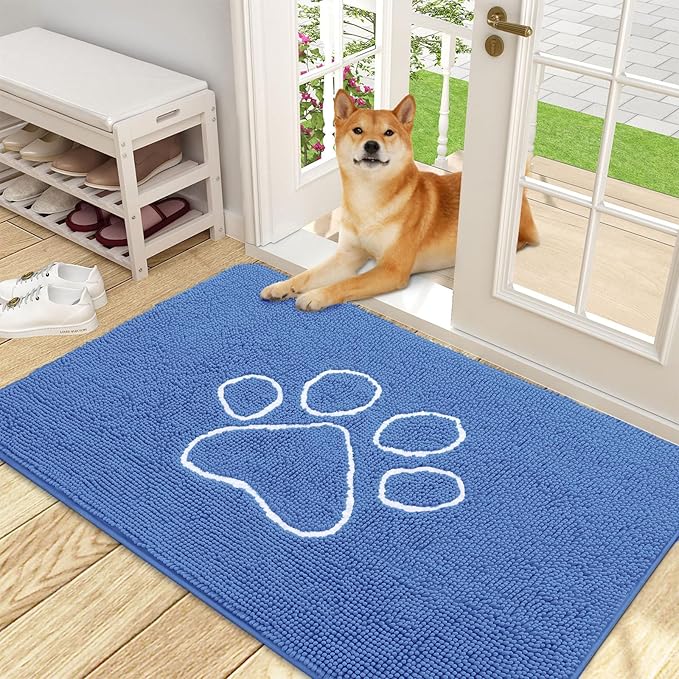 OLANLY Dog Door Mat for Muddy Paws 48x30, Paw Print Design, Absorbs Moisture and Dirt, Absorbent Non-Slip Washable Doormat, Quick Dry Chenille Mud Mat, Entry Indoor Entryway Carpet, Cornflower Blue by OLANLY
