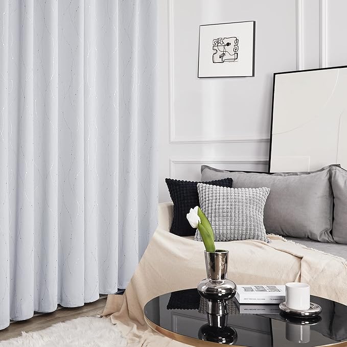 Deconovo Bedroom Curtains, Room Darkening Drapes, Thermal Insulated Soundproof Panel, Silver Wave Dot Print, 38 x 84 Inch, Machine Washable Window Panels for Living Room Home, Set of 2, Greyish White - Image 5