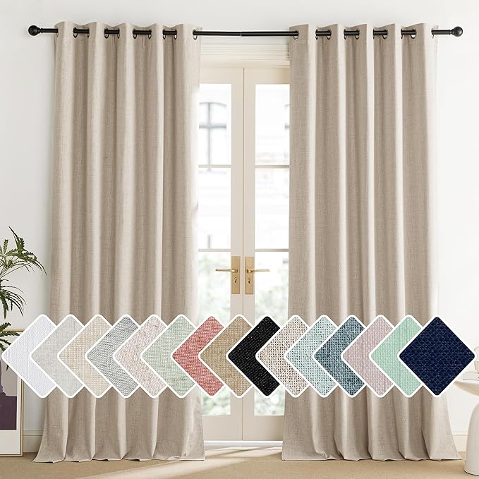 NICETOWN Cream 100% Blackout Linen Curtains 120 inch Long Burg for Living Room, 1 Pair, 62" Width Each Panel, Farmhouse Thick Completely Blackout Window Treatment Thermal Insulated Drapes by NICETOWN