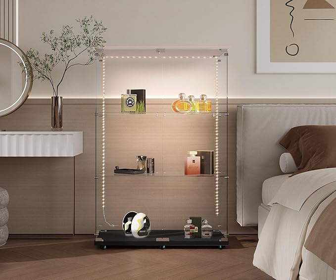 Yoluckea 3 Tiers Glass Display Cabinet with Bluetooth LED Light Strip, 2 Doors Floor Standing Curio Cabinet with Universal Wheel for Home, Black Glass Bookshelf for Collections, Clear Top - Image 6