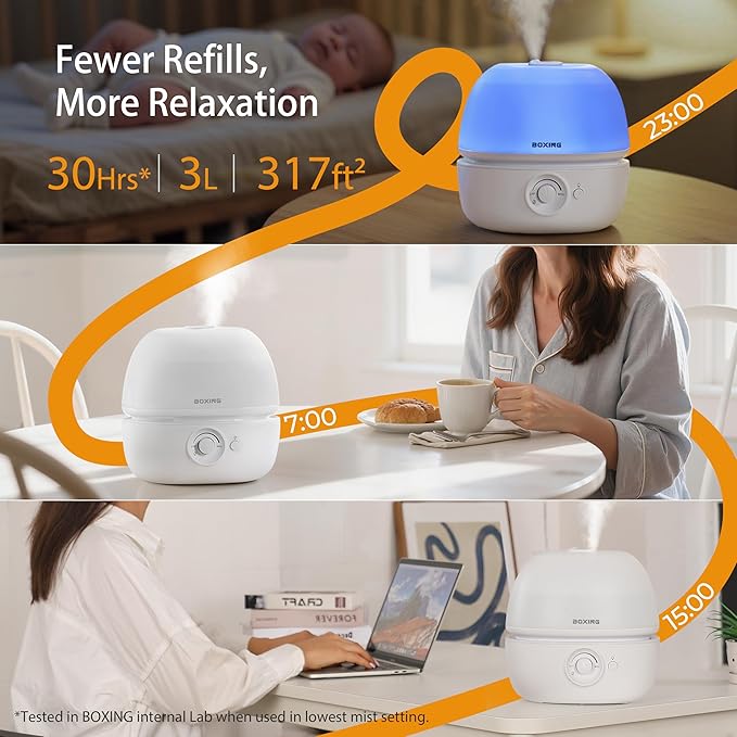 BOXING 3L Cool Mist Humidifier, Ultra Quiet 20dB for Bedroom, Baby & Office, Top Fill Air Humidifier for Home Office & Indoor Plants, 30H Runtime, Essential Oil Tray, Night Light, BPA-Free, White - Image 2