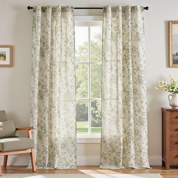 jinchan Linen Floral Curtains 96 Inch Length for Living Room Bedroom Light Filtering Farmhouse Peony Flower Drapes Rustic Window Curtain Set Rod Pocket Back Tab 2 Panels Green by JINCHAN