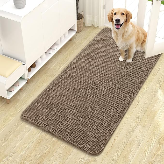 OLANLY Dog Door Mat for Muddy Paws 44x24, Absorbs Moisture and Dirt, Absorbent Non-Slip Washable Doormat, Quick Dry Chenille Mud Mat for Dogs, Entry Indoor Entryway Carpet for Inside Floor, Tan by OLANLY