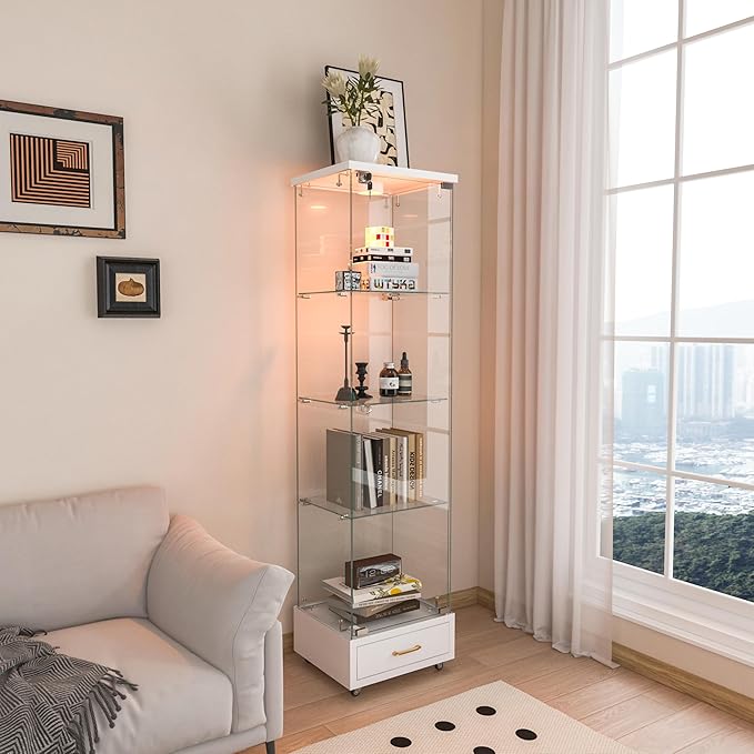Yoluckea 4-Tier Glass Display Cabinet with LED Lighting and Drawer, 1-Door Floor Standing Curio Cabinet with Wheel for Home, Office, Corner Display, White Glass Bookshelf for Collections and Decor - Image 7
