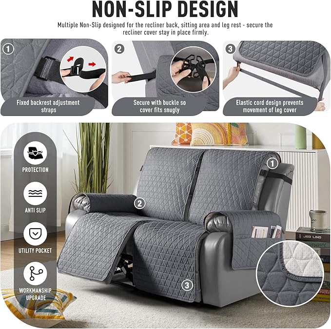TAOCOCO 100% Waterproof Recliner Cover, Non-Slip Washable Reclining Couch Cover with Elastic Leg Straps, Furniture Protector for Dogs (Dark Gray, 2 Seater) - Image 5