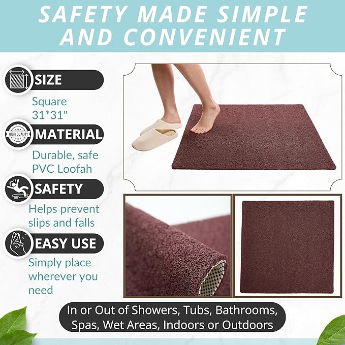 Square Shower Mat - Non Slip Shower Mats for Inside Shower - Extra Large 31x31 Shower Floor Mat Non Slip - Square Bath Mat for Shower - Secure Anti Slip Loofah Shower Bath Mat (31x31 Brown) - Image 3