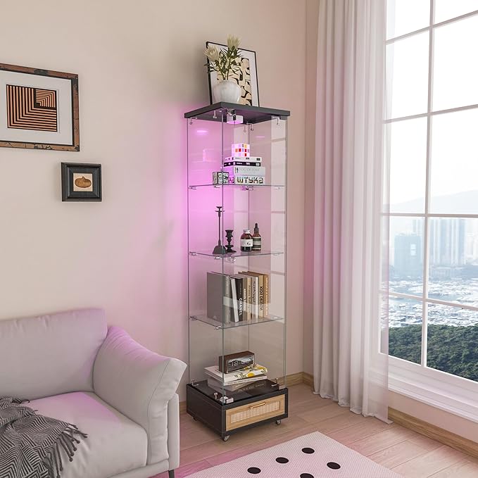 Yoluckea 4 Tiers Glass Display Cabinet with LED Lighting and Drawer, 1 Door Floor Standing Curio Cabinet with Wheel for Home, Office, Corner Display, Black Glass Bookshelf for Collections and Decor - Image 8