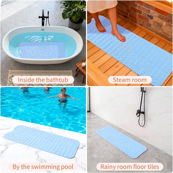 Anti-Slip Bathtub Shower mat, 39.3×15.7 inch（Approximately 100 × 40cm） Soft Oversized Machine Washable Non-Slip Bathtub mat with Drainage Holes, Bathroom Floor Suction Cup.（1-Opaque Light Blue） - Image 7