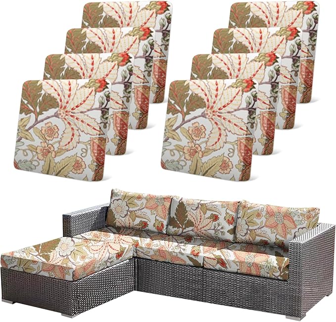 8Pcs High Elastic Digitally Printed Sofa Seat Cushion Cover, Soft & Comfortable Reusable Floral Print Stretch Couch Cushion Slipcover for Outdoor Furniture Protector Replacement(Cover Only by CALBODE