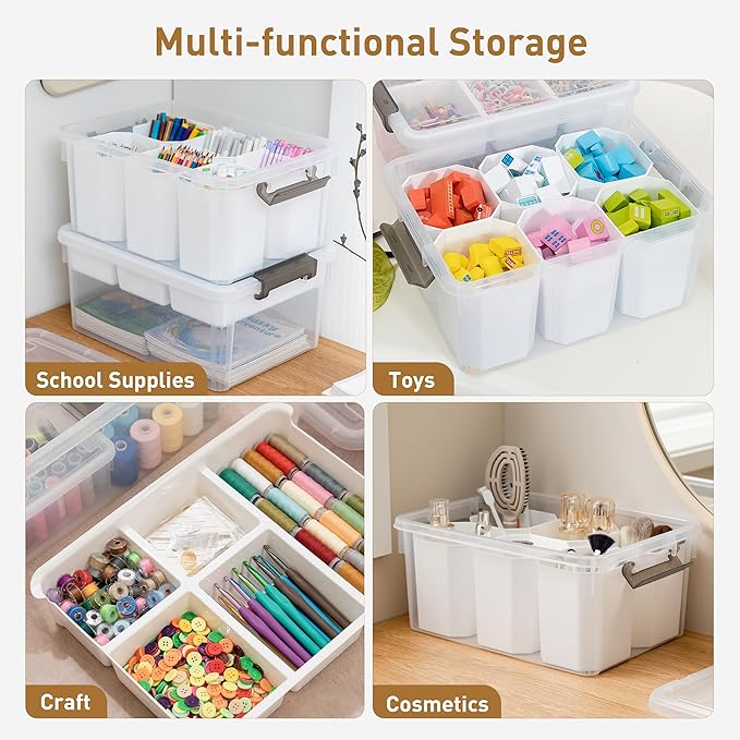 Citylife 17 QT Plastic Storage Box with Removable Tray and 6 Detachable Tall Inserts Craft Organizers and Storage Clear Storage Container for Organizing Crayon, Craft, Sewing, Playdoh, 2 Packs - Image 6