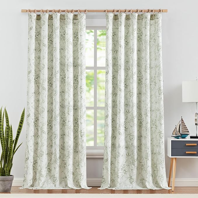 jinchan Floral Curtains 108 Inch Length Sage Green Flower Linen Farmhouse Curtain for Living Room French Country Vintage Curtain Rod Pocket Curtains Set 2 Panels Floral Printed - Image 2