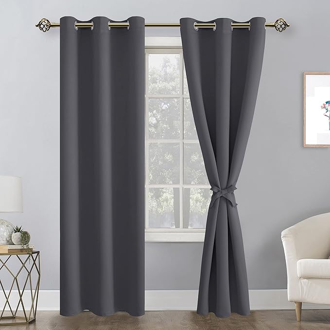 Hiasan Grommet Blackout Curtains for Bedroom, 42 x 84 Inches Long - Thermal Insulated & Light Blocking Window Curtains for Living Room, 2 Drape Panels Sewn with Tiebacks, Dark Grey - Image 2