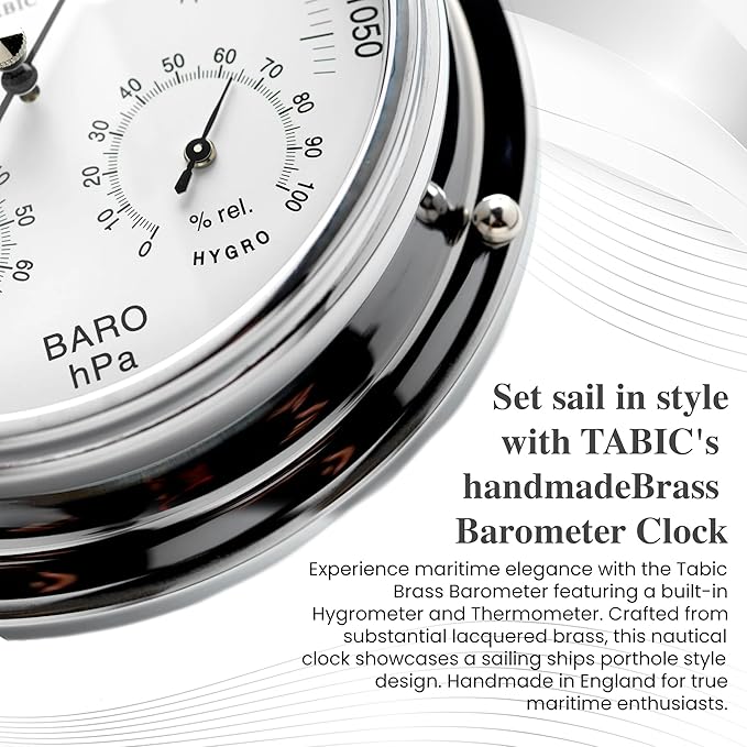Chrome Barometer with Built-in Hygrometer &Thermometer - Analog Weather Station for Home & Outdoor Use - Handmade in England - Heavy Chrome Plated Brass Case (1/2kg), 6in x 2in - Image 4
