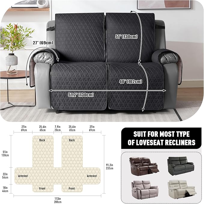 TAOCOCO 100% Waterproof Recliner Cover, Non-Slip Washable Reclining Couch Cover with Elastic Leg Straps, Furniture Protector for Dogs (Black, 2 Seater) - Image 3