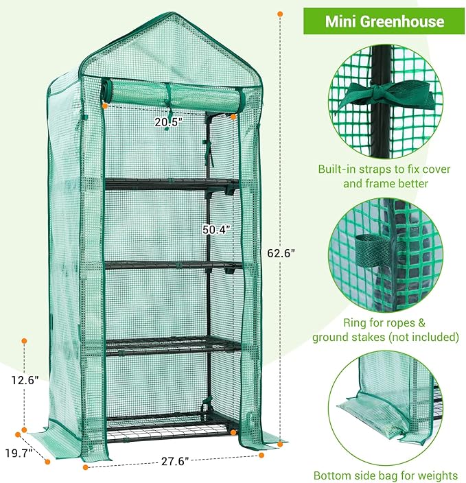 Mini Greenhouse with Screen Roof, Ohuhu Upgraded Portable 4 Tier Small Greenhouses for Outdoors Indoor with Reelable Door, Heavy Duty Plastic Green House for Outside Garden Patio Yard Porch Balcony - Image 6