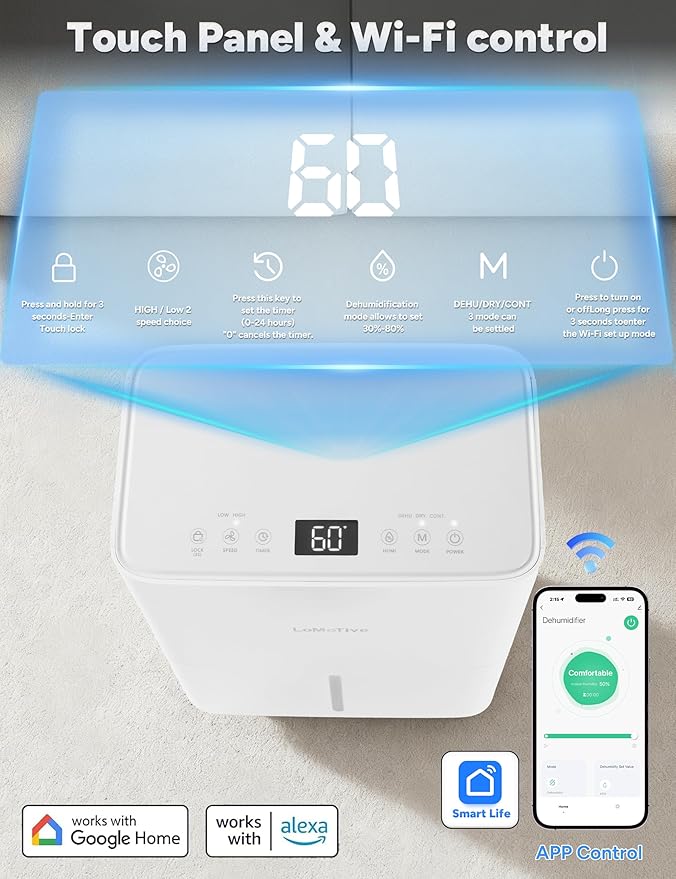 2500 Sq.Ft Dehumidifier for Home Basement 34 Pints Max - Smart WiFi Controlled Dehumidifier with Drain Hose Dry Clothes 24HR Timer 1.6L tank for RV Bedroom Bathroom Homelabs Office Large Room - Image 3