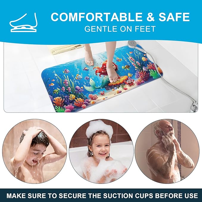 XIYUNTE Baby Bath Mat for Tub Non Slip Kids Bath Mat - 40''x16'' Extra Long Cartoon Bathtub Mat Non Slip Kids Shower Mat Eco-Friendly Toddler Bath Mats with Suction Cups, Machine Washable, Mermaid - Image 6