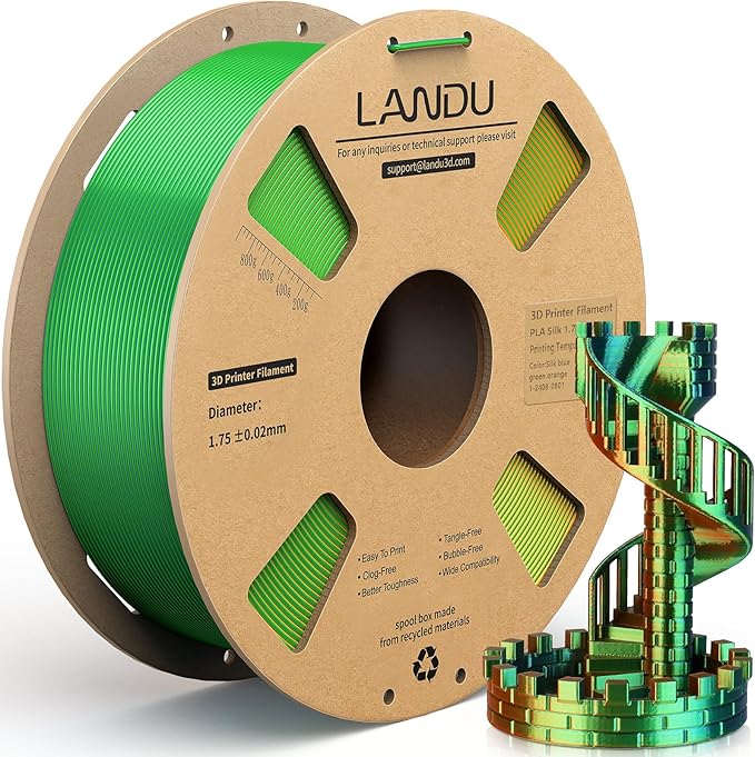 LANDU Silk Tri-Color PLA Filament 1.75mm 1Kg, Triple Color Silk PLA Filament, Silk Rainbow PLA Filament, Neatly Wound 3D Printer Filament, 3 In 1 Multi Color Filament +/-0.02mm, Silk Blue Green Orange by LANDU